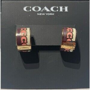 Coach Signature C Huggie Earrings - Pink, Burgundy New